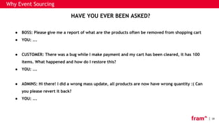 18
HAVE YOU EVER BEEN ASKED?
● BOSS: Please give me a report of what are the products often be removed from shopping cart
● YOU: ...
● CUSTOMER: There was a bug while I make payment and my cart has been cleared, it has 100
items. What happened and how do I restore this?
● YOU: ….
● ADMINS: Hi there! I did a wrong mass update, all products are now have wrong quantity :( Can
you please revert it back?
● YOU: ...
Why Event Sourcing
 