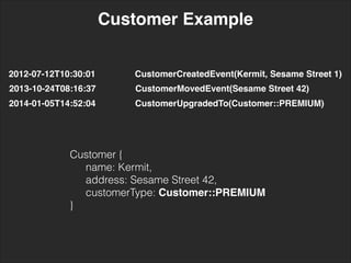 2014-01-05T14:52:04! ! ! CustomerUpgradedTo(Customer::PREMIUM)
Customer {
name: Kermit,
address: Sesame Street 42,
customerType: Customer::PREMIUM
}
Customer Example
2012-07-12T10:30:01! ! ! CustomerCreatedEvent(Kermit, Sesame Street 1)
2013-10-24T08:16:37! ! ! CustomerMovedEvent(Sesame Street 42)
 