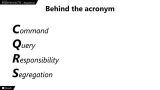 Command
Query
Responsibility
Segregation
Behind the acronym
 
