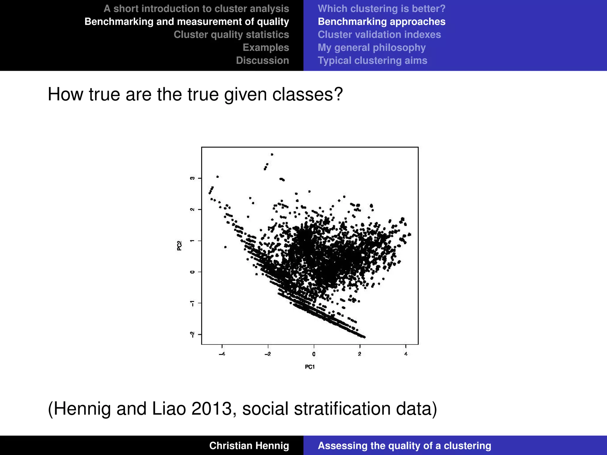 A short introduction to cluster analysis
Benchmarking and measurement of quality
Cluster quality statistics
Examples
Discussion
Which clustering is better?
Benchmarking approaches
Cluster validation indexes
My general philosophy
Typical clustering aims
How true are the true given classes?
(Hennig and Liao 2013, social stratiﬁcation data)
Christian Hennig Assessing the quality of a clustering
 