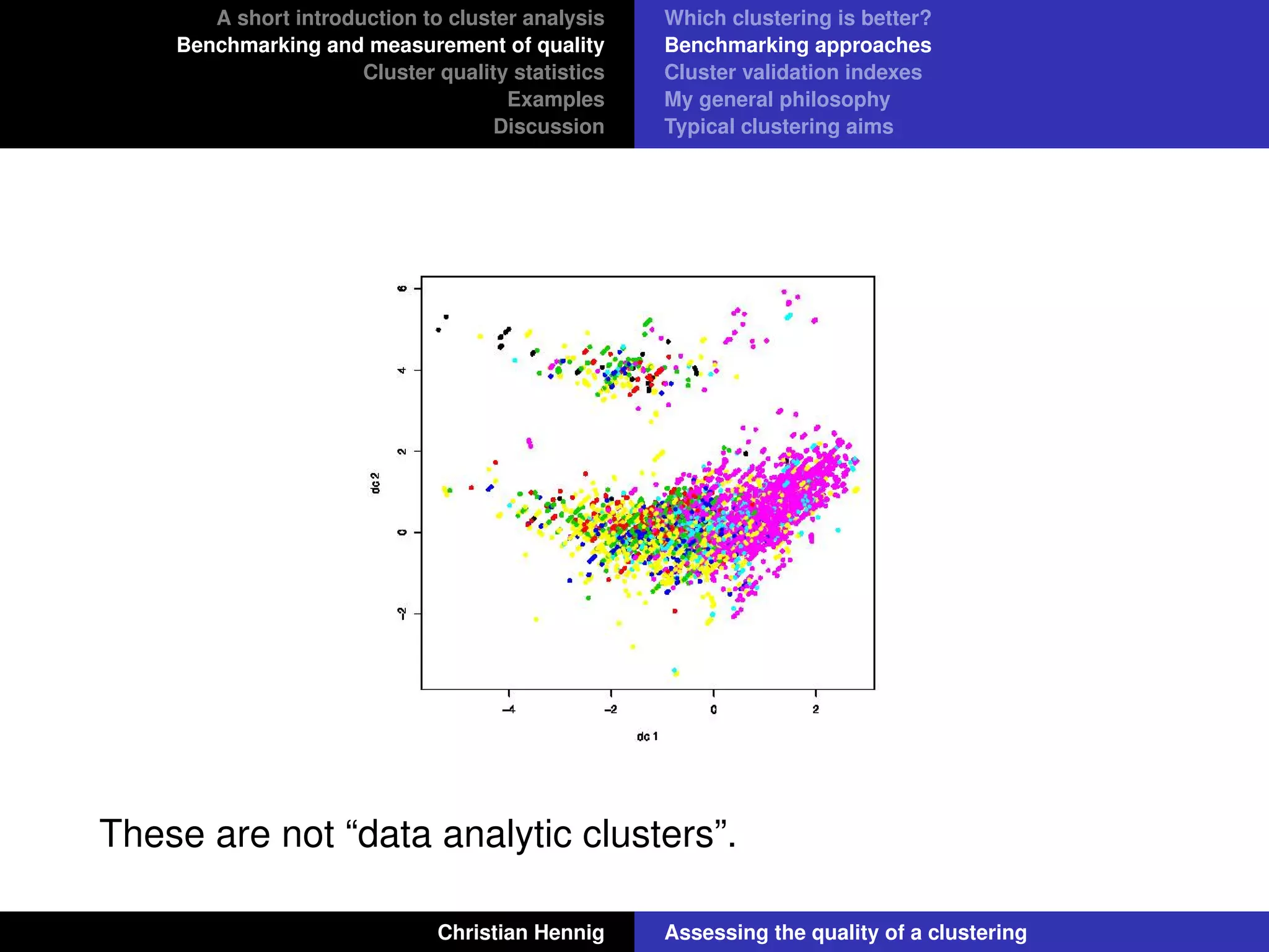 A short introduction to cluster analysis
Benchmarking and measurement of quality
Cluster quality statistics
Examples
Discussion
Which clustering is better?
Benchmarking approaches
Cluster validation indexes
My general philosophy
Typical clustering aims
These are not “data analytic clusters”.
Christian Hennig Assessing the quality of a clustering
 