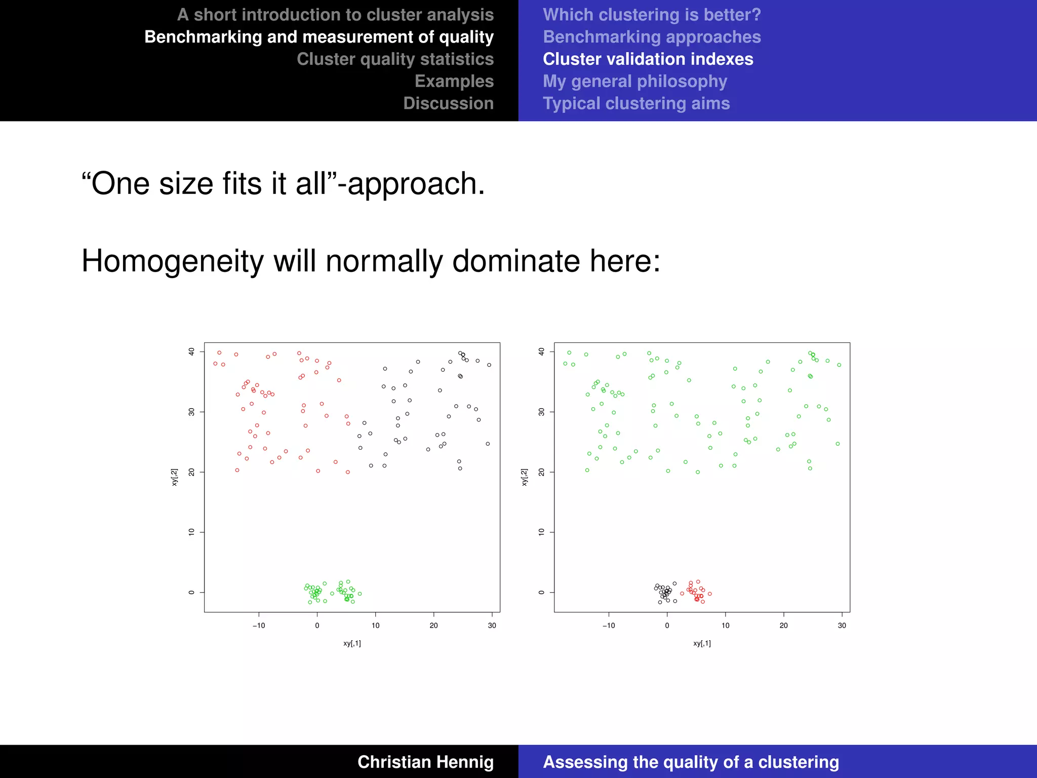 A short introduction to cluster analysis
Benchmarking and measurement of quality
Cluster quality statistics
Examples
Discussion
Which clustering is better?
Benchmarking approaches
Cluster validation indexes
My general philosophy
Typical clustering aims
“One size ﬁts it all”-approach.
Homogeneity will normally dominate here:
−10 0 10 20 30
010203040
xy[,1]
xy[,2]
−10 0 10 20 30
010203040
xy[,1]
xy[,2]
Christian Hennig Assessing the quality of a clustering
 
