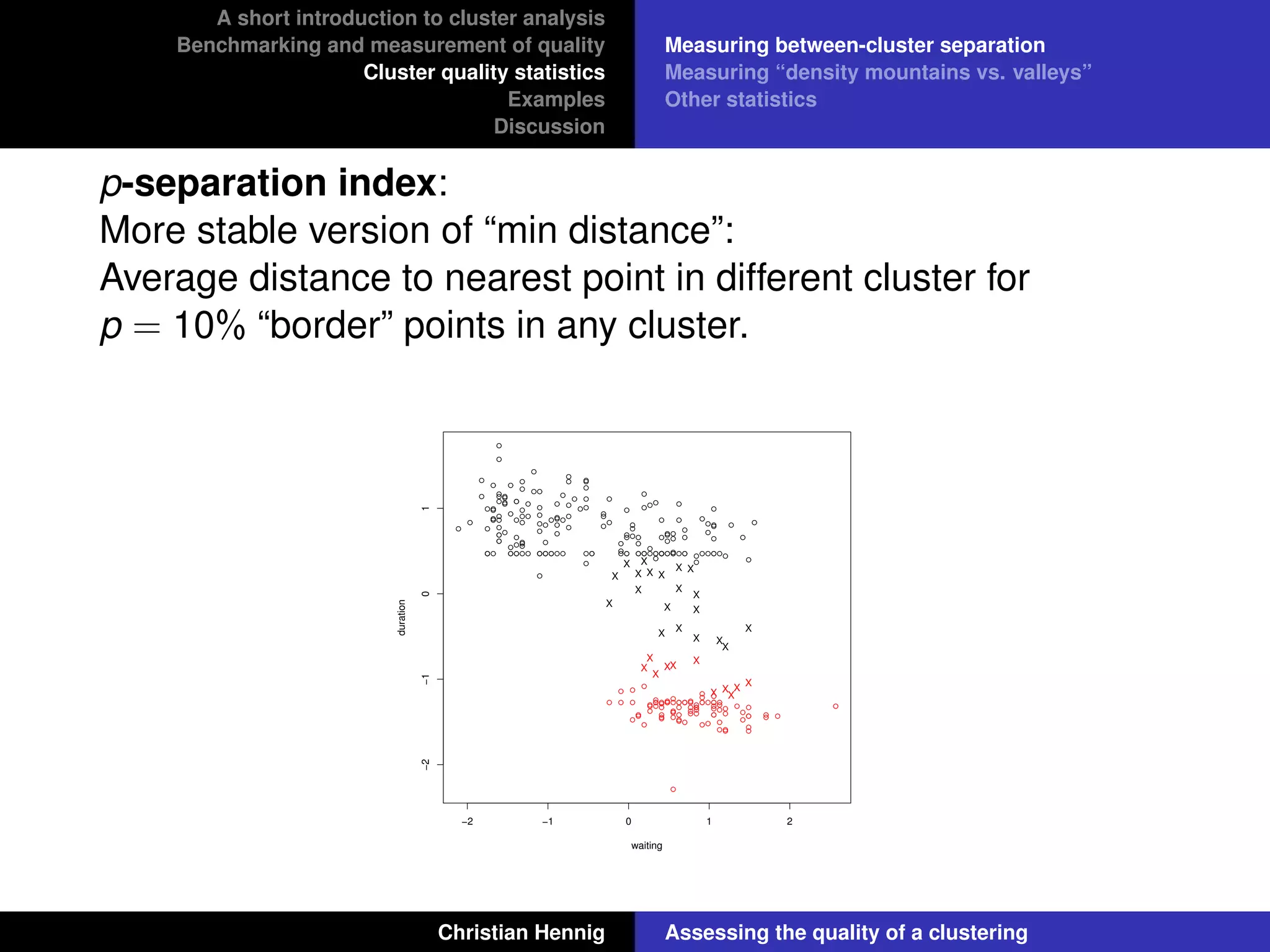 A short introduction to cluster analysis
Benchmarking and measurement of quality
Cluster quality statistics
Examples
Discussion
Measuring between-cluster separation
Measuring “density mountains vs. valleys”
Other statistics
p-separation index:
More stable version of “min distance”:
Average distance to nearest point in different cluster for
p = 10% “border” points in any cluster.
−2 −1 0 1 2
−2−101
waiting
duration
X
X
X
X
X
X
X
XX
X
X XX
X
X
X
X
X
X
X
X
X X
X
X
X X
X
X
X
X
Christian Hennig Assessing the quality of a clustering
 