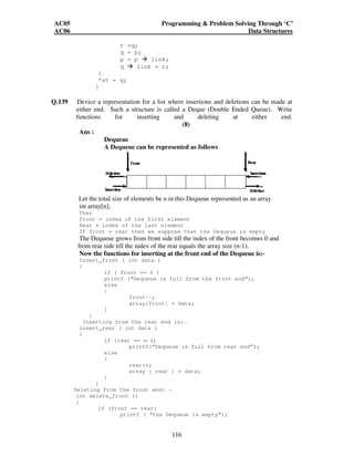 AC05 Programming  Problem Solving Through ‘C’ 
AC06 Data Structures 
116 
r =q; 
q = p; 
p = p  link; 
q  link = r; 
} 
*st = q; 
} 
Q.139 Device a representation for a list where insertions and deletions can be made at 
either end. Such a structure is called a Deque (Double Ended Queue). Write 
functions for inserting and deleting at either end. 
(8) 
Ans : 
Dequeue 
A Dequeue can be represented as follows 
Let the total size of elements be n in this Dequeue represented as an array 
int array[n]; 
Then 
front = index of the first element 
Rear = index of the last element 
If front = rear then we suppose that the Dequeue is empty 
The Dequeue grows from front side till the index of the front becomes 0 and 
from rear side till the index of the rear equals the array size (n-1). 
Now the functions for inserting at the front end of the Dequeue is:- 
Insert_front ( int data ) 
{ 
if ( front == 0 ) 
printf (“Dequeue is full from the front end”); 
else 
{ 
front--; 
array[front] = data; 
} 
} 
Inserting from the rear end is:- 
insert_rear ( int data ) 
{ 
if (rear == n-1) 
printf(“Dequeue is full from rear end”); 
else 
{ 
rear++; 
array [ rear ] = data; 
} 
} 
Deleting from the front end: - 
int delete_front () 
{ 
if (front == rear) 
printf ( “the Dequeue is empty”); 
 