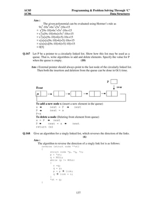 AC05 Programming  Problem Solving Through ‘C’ 
AC06 Data Structures 
137 
Ans : 
The given polynomial can be evaluated using Hormer’s rule as 
9x5-10x4+6x3+5x2-10x+15 
 x4[9x-10]+6x3+5x2-10x+15 
 x3[x[9x-10]+6x]+5x2-10x+15 
 x2[x[x[9x-10]+6]+5]-10x+15 
 x[x[x[x[9x-10]+6]+5]-10x+15 
 x[x[x[x][9x-10]+6]+5]-10]+15 
 0[5] 
Q.167 Let P be a pointer to a circularly linked list. Show how this list may be used as a 
queue. That is, write algorithms to add and delete elements. Specify the value for P 
when the queue is empty. (10) 
Ans : External pointer should always point to the last node of the circularly linked list. 
Then both the insertion and deletion from the queue can be done in O(1) time. 
To add a new node x (insert a new element in the queue) 
x next = P next 
P next = x 
P=x 
To delete a node (Deleting front element from queue) 
x = P next 
P next = x next 
return (x) 
Q.168 Give an algorithm for a singly linked list, which reverses the direction of the links. 
(6) 
Ans : 
The algorithm to reverse the direction of a singly link list is as follows: 
reverse (struct node **st) 
{ 
struct node *p, *q, *r; 
p = *st; 
q = NULL; 
while (p != NULL) 
{ 
r =q; 
q = p; 
p = p  link; 
q  link = r; 
} 
*st = q; 
} 
 