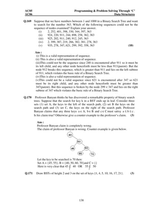 AC05 Programming  Problem Solving Through ‘C’ 
AC06 Data Structures 
Q.169 Suppose that we have numbers between 1 and 1000 in a Binary Search Tree and want 
to search for the number 363. Which of the following sequences could not be the 
sequence of nodes examined? Explain your answer. 
(i) 2, 252, 401, 398, 330, 344, 397, 363 
(ii) 924, 220, 911, 244, 898, 258, 362, 363 
(iii) 925, 202, 911, 240, 912, 245, 363 
(iv) 2, 399, 387, 219, 266, 382, 381, 278, 363 
(v) 935, 278, 347, 621, 299, 392, 358, 363 (10) 
Ans : 
(i) This is a valid representation of sequence. 
(ii) This is also a valid representation of sequence. 
(iii)This could not be the sequence since 240 is encountered after 911 so it must be 
its left child, and any other node henceforth must be less than 911(parent). But the 
node 912 breaks this sequence, which is greater than 911 and lies on the left subtree 
of 911, which violates the basic rule of a Binary Search Tree. 
(iv)This is also a valid representation of sequence. 
(v)This could not be a valid sequence since 621 is encountered after 347 so 621 
must be its right child, and any other node henceforth must be greater than 
347(parent). But this sequence is broken by the node 299  347 and lies on the right 
subtree of 347 which violates the basic rule of a Binary Search Tree. 
Q.170 Professor Banyan thinks he has discovered a remarkable property of binary search 
trees. Suppose that the search for key k in a BST ends up in leaf. Consider three 
sets (1) set A, the keys to the left of the search path, (2) set B the keys on the 
search path and (3) set C, the keys on the right of the search path. Professor 
Banyan claims that any three keys a ∈A, b∈B and c∈Cmust satisy a ≤ b ≤ c . 
Is his claim true? Otherwise give a counter example to the professor’s claim. (3) 
Ans : 
Professor Banyan claim is completely wrong. 
The claim of professor Banyan is wrong. Counter example is given below. 
Let the key to be searched is 70 then: 
Set A = {45, 55}, B = {40, 50, 60, 70}and C = {} 
Here is very clear that 45  40 OR 55  50 
Q.171 Draw BSTs of height 2 and 3 on the set of keys {1, 4, 5, 10, 16, 17, 21}. (3) 
138 
 