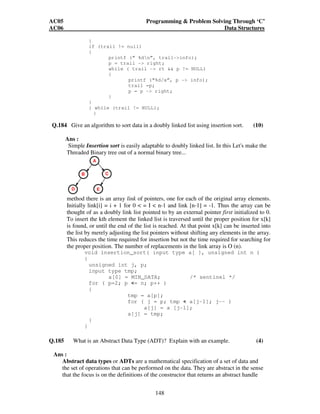 AC05 Programming  Problem Solving Through ‘C’ 
AC06 Data Structures 
148 
} 
if (trail != null) 
{ 
printf (“ %dn”, trail-info); 
p = trail - right; 
while ( trail - rt  p != NULL) 
{ 
printf (“%d/x”, p - info); 
trail =p; 
p = p - right; 
} 
} 
} while (trail != NULL); 
} 
Q.184 Give an algorithm to sort data in a doubly linked list using insertion sort. (10) 
Ans : 
Simple Insertion sort is easily adaptable to doubly linked list. In this Let's make the 
Threaded Binary tree out of a normal binary tree... 
method there is an array link of pointers, one for each of the original array elements. 
Initially link[i] = i + 1 for 0  = I  n-1 and link [n-1] = -1. Thus the array can be 
thought of as a doubly link list pointed to by an external pointer first initialized to 0. 
To insert the kth element the linked list is traversed until the proper position for x[k] 
is found, or until the end of the list is reached. At that point x[k] can be inserted into 
the list by merely adjusting the list pointers without shifting any elements in the array. 
This reduces the time required for insertion but not the time required for searching for 
the proper position. The number of replacements in the link array is O (n). 
void insertion_sort( input type a[ ], unsigned int n ) 
{ 
unsigned int j, p; 
input type tmp; 
a[0] = MIN_DATA; /* sentinel */ 
for ( p=2; p = n; p++ ) 
{ 
tmp = a[p]; 
for ( j = p; tmp  a[j-1]; j-- ) 
a[j] = a [j-1]; 
a[j] = tmp; 
} 
} 
Q.185 What is an Abstract Data Type (ADT)? Explain with an example. (4) 
Ans : 
Abstract data types or ADTs are a mathematical specification of a set of data and 
the set of operations that can be performed on the data. They are abstract in the sense 
that the focus is on the definitions of the constructor that returns an abstract handle 
 
