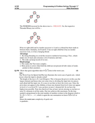 AC05 Programming  Problem Solving Through ‘C’ 
AC06 Data Structures 
The INORDER traversal for the above tree is -- D B A E C. So, the respective 
Threaded Binary tree will be -- 
B has no right child and its inorder successor is A and so a thread has been made in 
between them. Similarly, for D and E. C has no right child but it has no inorder 
successor even, so it has a hanging thread. 
Advantage 
1. By doing threading we avoid the recursive method of traversing a Tree , which 
makes use of stack and consumes a lot of memory and time . 
2 . The node can keep record of its root . 
Disadvantage 
1. This makes the Tree more complex . 
2. More prone to errors when both the child are not present  both values of nodes 
155 
pointer to their ansentors . 
Q.194 Show that quick algorithm takes O ( 2 ) n time in the worst case. (4) 
Ans : 
The Worst Case for Quick-SortThe tree illustrates the worst case of quick-sort, which 
occurs when the input is already sorted! 
The height of the tree is N-1 not O(log(n)). This is because the pivot is in this case the 
largest element and hence does not come close to dividing the input into two pieces 
each about half the input size. It is easy to see that we have the worst case. Since the 
pivot does not appear in the children, at least one element from level i does not appear 
in level i+1 so at level N-1 you can have at most 1 element left. So we have the 
highest tree possible. Note also that level i has at least i pivots missing so cna have at 
most N-i elements in all the nodes. Our tree achieves this maximum. So the time 
needed is proportional to the total number of numbers written in the diagram which is 
N + N-1 + N-2 + ... + 1, which is again the one summation we know N(N+1)/2 or 
(N2. 
Hence the worst case complexity of quick-sort 
is quadratic . 
 