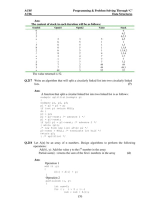AC05 Programming  Problem Solving Through ‘C’ 
AC06 Data Structures 
170 
Ans: 
The content of stack in each iteration will be as follows: 
Symbol Opnd1 Opnd2 Value Stack 
6 6 
2 6,2 
3 6,2,3 
+ 2 3 5 6,5 
- 6 5 1 1 
3 6 5 1 1,3 
8 6 5 1 1,3,8 
2 6 5 1 1,3,8,2 
/ 8 2 4 1,3,4 
+ 3 4 7 1,7 
* 1 7 7 7 
2 1 7 7 7,2 
$ 7 2 49 49 
3 7 2 49 49,3 
+ 49 3 52 52 
The value returned is 52. 
Q.217 Write an algorithm that will split a circularly linked list into two circularly linked 
lists. (7) 
Ans: 
A function that split a circular linked list into two linked list is as follows: 
nodeptr splitlist(nodeptr p) 
{ 
nodeptr p1, p2, p3; 
p1 = p2 = p3 = p; 
if (not p) return NULL; 
do { 
p3 = p2; 
p2 = p2-next; /* advance 1 */ 
p1 = p1-next; 
if (p1) p1 = p1-next; /* advance 2 */ 
} while (p1); 
/* now form new list after p2 */ 
p3-next = NULL; /* terminate 1st half */ 
return p2; 
} /* splitlist */ 
Q.218 Let A[n] be an array of n numbers. Design algorithms to perform the following 
operations: 
Add (i, y): Add the value y to the ith number in the array 
Partial-sum(i) : returns the sum of the first i numbers in the array (4) 
Ans: 
Operation 1 
add (i ,y) 
{ 
A[i] = A[i] + y; 
} 
Operation 2 
partialsum (i, y) 
{ 
int sum=0; 
for ( ; i  0 ; i--) 
sum = sum + A[i]; 
 