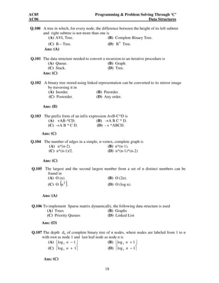AC05 Programming  Problem Solving Through ‘C’ 
AC06 Data Structures 
Q.100 A tree in which, for every node, the difference between the height of its left subtree 
and right subtree is not more than one is 
(A) AVL Tree. (B) Complete Binary Tree. 
(C) B – Tree. (D) 
18 
+ 
B Tree. 
Ans: (A) 
Q.101 The data structure needed to convert a recursion to an iterative procedure is 
(A) Queue. (B) Graph. 
(C) Stack. (D) Tree. 
Ans: (C) 
Q.102 A binary tree stored using linked representation can be converted to its mirror image 
by traversing it in 
(A) Inorder. (B) Preorder. 
(C) Postorder. (D) Any order. 
Ans: (B) 
Q.103 The prefix form of an infix expression A+B-C*D is 
(A) +AB-*CD. (B) -+A B C * D. 
(C) -+A B * C D. (D) - + *ABCD. 
Ans: (C) 
Q.104 The number of edges in a simple, n-vertex, complete graph is 
(A) n*(n-2). (B) n*(n-1). 
(C) n*(n-1)/2. (D) n*(n-1)*(n-2) 
Ans: (C) 
Q.105 The largest and the second largest number from a set of n distinct numbers can be 
found in 
(A) O (n). (B) O (2n). 
(C) O ( 2 ) n . (D) O (log n). 
Ans: (A) 
Q.106 To implement Sparse matrix dynamically, the following data structure is used 
(A) Trees (B) Graphs 
(C) Priority Queues (D) Linked List 
Ans: (D) 
Q.107 The depth dn, of complete binary tree of n nodes, where nodes are labeled from 1 to n 
with root as node 1 and last leaf node as node n is 
(A) log 1  2 n − (B) log 1  2 n + 
(C) log 1 2 n + (D) log 1 2 n − 
Ans: (C) 
 