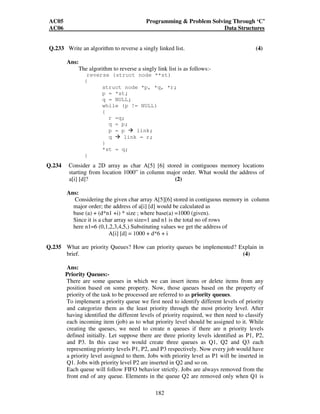 AC05 Programming  Problem Solving Through ‘C’ 
AC06 Data Structures 
Q.233 Write an algorithm to reverse a singly linked list. (4) 
182 
Ans: 
The algorithm to reverse a singly link list is as follows:- 
reverse (struct node **st) 
{ 
struct node *p, *q, *r; 
p = *st; 
q = NULL; 
while (p != NULL) 
{ 
r =q; 
q = p; 
p = p  link; 
q  link = r; 
} 
*st = q; 
} 
Q.234 Consider a 2D array as char A[5] [6] stored in contiguous memory locations 
starting from location 1000” in column major order. What would the address of 
a[i] [d]? (2) 
Ans: 
Considering the given char array A[5][6] stored in contiguous memory in column 
major order; the address of a[i] [d] would be calculated as 
base (a) + (d*n1 +i) * size ; where base(a) =1000 (given). 
Since it is a char array so size=1 and n1 is the total no of rows 
here n1=6 (0,1,2,3,4,5,) Substituting values we get the address of 
A[i] [d] = 1000 + d*6 + i 
Q.235 What are priority Queues? How can priority queues be implemented? Explain in 
brief. (4) 
Ans: 
Priority Queues:- 
There are some queues in which we can insert items or delete items from any 
position based on some property. Now, those queues based on the property of 
priority of the task to be processed are referred to as priority queues. 
To implement a priority queue we first need to identify different levels of priority 
and categorize them as the least priority through the most priority level. After 
having identified the different levels of priority required, we then need to classify 
each incoming item (job) as to what priority level should be assigned to it. While 
creating the queues, we need to create n queues if there are n priority levels 
defined initially. Let suppose there are three priority levels identified as P1, P2, 
and P3. In this case we would create three queues as Q1, Q2 and Q3 each 
representing priority levels P1, P2, and P3 respectively. Now every job would have 
a priority level assigned to them. Jobs with priority level as P1 will be inserted in 
Q1. Jobs with priority level P2 are inserted in Q2 and so on. 
Each queue will follow FIFO behavior strictly. Jobs are always removed from the 
front end of any queue. Elements in the queue Q2 are removed only when Q1 is 
 