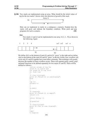 AC05 Programming  Problem Solving Through ‘C’ 
AC06 Data Structures 
190 
L (3) = min (4, 3+) = 4 
L (4) = min (, 3+7) = 10 
L (5) = min (, 3+) = 
L (6) = min (. 3+2) = 5 
Step 4 
V=3 (Permanent label L (3) = 4) 
P = {2, 1, 3} T = {4, 5, 6} 
Calculate new labels for all vertices of T. 
L (4) = min (10, 4+) = 10 
L (5) = min (, 4+6) = 10 
L (6) = min (5. 4+) = 5 
Step 5 
V=6 (Permanent label L (6) = 5) 
P = {2, 1, 3, 6} T = {4, 5} 
Calculate new labels for all vertices of T. 
L (4) = min (10, 5+3) = 8 
L (5) = min (10, 5+) = 10 
Step 6 
V=4 (Permanent label L (4) = 8) 
P = {2, 1, 3, 6, 4} T = {5} 
Calculate new labels for all vertices of T. 
L (5) = min (10, 8+1) = 9 
The vertex 5 got its permanent label and all the vertices got their respective 
permanent labels as shown in the table below. 
Vertex 
(v) 
Permanent 
Label L 
(v) 
1 3 
3 4 
4 8 
5 9 
6 5 
Now, assuming the source vertex to be 2, the shortest distance and the path to 
all remaining vertices are as follows: - 
Vertex 1 
Shortest distance = 3 
Path is 21 
Vertex 3 
Shortest distance = 4 
Path is 2  3 
Vertex 4 
Shortest distance = 8 
Path is 21  64 
Vertex 5 
Shortest distance = 9 
Path is 21 645 
Vertex 6 
Shortest distance = 5 
Path is 21 6 
 