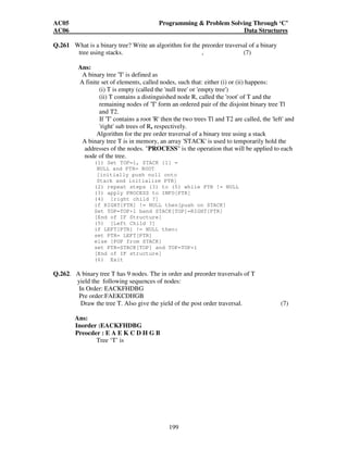 AC05 Programming  Problem Solving Through ‘C’ 
AC06 Data Structures 
1. If AVAIL = NULL , Then write overflow and exit 
2. set NEW = AVAIL and AVAIL=:link[AVAIL] [remove first node from 
AVAIL LIST] 
3. set INFO[NEW]=ITEM [copies new data into new node] 
4. if LOC=NULL then [insert as first node] 
set LINK[NEW]= START and START = NEW 
else [insert after node with 
198 
location LOC] 
set LINK[NEW]=LINK[LOC] and LINK[LOC]=NEW 
[end of if structure] 
5. exit 
Q.259 Show how the following polynomial can be represented using a linked list. (4) 
7x2y2-4x2y+5xy2-2 
Ans: 
Representation of Polynomial using Linked List 
Each node will have four parts(as shown below) 
Coeff 
Power 
of'x' 
Power of 
'y' 
Next 
address 
The polynomial is 
Q.260. What is the advantage of doubly linked list over singly linked list? (3) 
Ans: 
Advantages of the doubly linked list over singly linked list 
1 A doubly linked list can be traversed in two directions; in the usual forward 
direction from the beginning of the list to the end, or in the backward direction from 
the end of the list to the beginning of the list. 
2 Given the location of a node 'N' in the list, one can have immediate access to 
both the next node and the preceding node in the list. 
3 Given a pointer to a particular node 'N', in a doubly linked list, we can delete the 
Node 'N' without traversing any part of the list. Similarly, insertion can also be 
made before or after 'N' without traversing the list. 
 