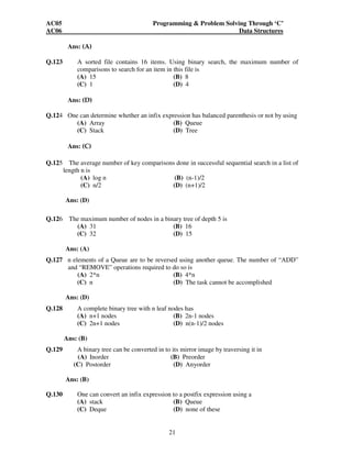 AC05 Programming  Problem Solving Through ‘C’ 
AC06 Data Structures 
21 
Ans: (A) 
Q.123 A sorted file contains 16 items. Using binary search, the maximum number of 
comparisons to search for an item in this file is 
(A) 15 (B) 8 
(C) 1 (D) 4 
Ans: (D) 
Q.124 One can determine whether an infix expression has balanced parenthesis or not by using 
(A) Array (B) Queue 
(C) Stack (D) Tree 
Ans: (C) 
Q.125 The average number of key comparisons done in successful sequential search in a list of 
length n is 
(A) log n (B) (n-1)/2 
(C) n/2 (D) (n+1)/2 
Ans: (D) 
Q.126 The maximum number of nodes in a binary tree of depth 5 is 
(A) 31 (B) 16 
(C) 32 (D) 15 
Ans: (A) 
Q.127 n elements of a Queue are to be reversed using another queue. The number of “ADD” 
and “REMOVE” operations required to do so is 
(A) 2*n (B) 4*n 
(C) n (D) The task cannot be accomplished 
Ans: (D) 
Q.128 A complete binary tree with n leaf nodes has 
(A) n+1 nodes (B) 2n-1 nodes 
(C) 2n+1 nodes (D) n(n-1)/2 nodes 
Ans: (B) 
Q.129 A binary tree can be converted in to its mirror image by traversing it in 
(A) Inorder (B) Preorder 
(C) Postorder (D) Anyorder 
Ans: (B) 
Q.130 One can convert an infix expression to a postfix expression using a 
(A) stack (B) Queue 
(C) Deque (D) none of these 
 