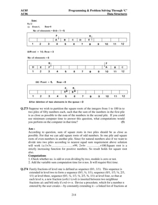 AC05 Programming  Problem Solving Through ‘C’ 
AC06 Data Structures 
213 
The postfix expression is P=AB-DE+F*/ 
(ii) The given expression is(((A+B)/D) ^ ((E-F)*G)) Add (' to the start and ) 
at the end of the expression. 
Symbols scanned Stack Expression P 
1 ( ( 
2 ( (( 
3 ( ((( 
4 A ((( A 
5 + (((+ A 
6 B (((+ AB 
7 ) (( AB+ 
8 / ((/ AB+ 
9 D ((/ AB+D 
10 ) ( AB+D/ 
11 ( AB+D/ 
12 ( ( ( AB+D/ 
13 ( ( (( AB+D/ 
14 E ( (( AB+D/E 
15 - ( ((- AB+D/E 
16 F ( ((- AB+D/EF 
17 ) ( ( AB+D/EF- 
18 * ( (* AB+D/EF- 
19 G ( (* AB+D/EF-G 
20 ) ( AB+D/EF-G* 
21 ) AB+D/EF-G* 
The post fix expression ‘P’= AB+D/EF-G* 
Q.272 Suppose a queue is maintained by a circular array QUEUE with N = 12 memory 
cells. Find the number of elements in QUEUE if 
(i) Front = 4, Rear =8. 
(ii) Front = 10, Rear = 3. 
(iii) Front = 5, Rear = 6 and then two elements are deleted. (2+2+3) 
 