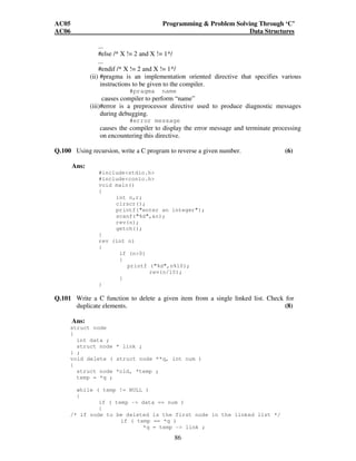 AC05 Programming  Problem Solving Through ‘C’ 
AC06 Data Structures 
... 
#else /* X != 2 and X != 1*/ 
... 
#endif /* X != 2 and X != 1*/ 
(ii) #pragma is an implementation oriented directive that specifies various 
instructions to be given to the compiler. 
#pragma name 
causes compiler to perform “name” 
(iii)#error is a preprocessor directive used to produce diagnostic messages 
86 
during debugging. 
#error message 
causes the compiler to display the error message and terminate processing 
on encountering this directive. 
Q.100 Using recursion, write a C program to reverse a given number. (6) 
Ans: 
#includestdio.h 
#includeconio.h 
void main() 
{ 
int n,r; 
clrscr(); 
printf(enter an integer); 
scanf(%d,n); 
rev(n); 
getch(); 
} 
rev (int n) 
{ 
if (n0) 
{ 
printf (%d,n%10); 
rev(n/10); 
} 
} 
Q.101 Write a C function to delete a given item from a single linked list. Check for 
duplicate elements. (8) 
Ans: 
struct node 
{ 
int data ; 
struct node * link ; 
} ; 
void delete ( struct node **q, int num ) 
{ 
struct node *old, *temp ; 
temp = *q ; 
while ( temp != NULL ) 
{ 
if ( temp - data == num ) 
{ 
/* if node to be deleted is the first node in the linked list */ 
if ( temp == *q ) 
*q = temp - link ; 
 