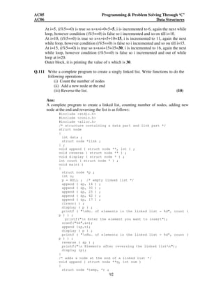 AC05 Programming  Problem Solving Through ‘C’ 
AC06 Data Structures 
At i=5, (i%5==0) is true so x=x+i=0+5=5, i is incremented to 6, again the next while 
loop, however condition (i%5==0) is false so i incremented and so on till i=10. 
At i=10, (i%5==0) is true so x=x+i=5+10=15, i is incremented to 11, again the next 
while loop, however condition (i%5==0) is false so i incremented and so on till i=15. 
At i=15, (i%5==0) is true so x=x+i=15+15=30, i is incremented to 16, again the next 
while loop, however condition (i%5==0) is false so i incremented and out of while 
loop at i=20. 
Outer block, it is printing the value of x which is 30. 
Q.111 Write a complete program to create a singly linked list. Write functions to do the 
92 
following operations 
(i) Count the number of nodes 
(ii) Add a new node at the end 
(iii) Reverse the list. (10) 
Ans: 
A complete program to create a linked list, counting number of nodes, adding new 
node at the end and reversing the list is as follows: 
#include stdio.h 
#include conio.h 
#include alloc.h 
/* structure containing a data part and link part */ 
struct node 
{ 
int data ; 
struct node *link ; 
} ; 
void append ( struct node **, int ) ; 
void reverse ( struct node ** ) ; 
void display ( struct node * ) ; 
int count ( struct node * ) ; 
void main( ) 
{ 
struct node *p ; 
int n; 
p = NULL ; /* empty linked list */ 
append ( p, 14 ) ; 
append ( p, 30 ) ; 
append ( p, 25 ) ; 
append ( p, 42 ) ; 
append ( p, 17 ) ; 
clrscr( ) ; 
display ( p ) ; 
printf ( nNo. of elements in the linked list = %d, count ( 
p ) ) ; 
printf(n Enter the element you want to insert); 
scanf(%d,n); 
append (p,n); 
display ( p ) ; 
printf ( nNo. of elements in the linked list = %d, count ( 
p ) ) ; 
reverse ( p ) ; 
printf(n Elements after reversing the linked listn); 
display (p); 
} 
/* adds a node at the end of a linked list */ 
void append ( struct node **q, int num ) 
{ 
struct node *temp, *r ; 
 