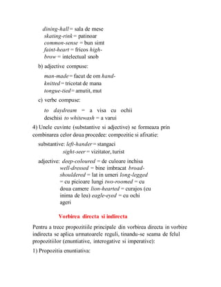 dining-hall = sala de mese
skating-rink = patinoar
common-sense = bun simt
faint-heart = fricos high-
brow = intelectual snob
b) adjective compuse:
man-made= facut de om hand-
knitted = tricotat de mana
tongue-tied= amutit, mut
c) verbe compuse:
to daydream = a visa cu ochii
deschisi to whitewash = a varui
4) Unele cuvinte (substantive si adjective) se formeaza prin
combinarea celor doua procedee: compozitie si afixatie:
substantive: left-hander= stangaci
sight-seer = vizitator, turist
adjective: deep-coloured = de culoare inchisa
well-dressed = bine imbracat broad-
shouldered = lat in umeri long-legged
= cu picioare lungi two-roomed = cu
doua camere lion-hearted = curajos (cu
inima de leu) eagle-eyed = cu ochi
ageri
Vorbirea directa si indirecta
Pentru a trece propozitiile principale din vorbirea directa in vorbire
indirecta se aplica urmatoarele reguli, tinandu-se seama de felul
propozitiilor (enuntiative, interogative si imperative):
1) Propozitia enuntiativa:
 