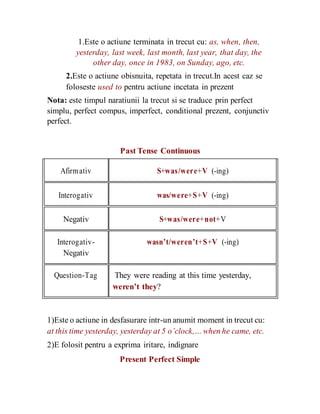 1.Este o actiune terminata in trecut cu: as, when, then,
yesterday, last week, last month, last year, that day, the
other day, once in 1983, on Sunday, ago, etc.
2.Este o actiune obisnuita, repetata in trecut.In acest caz se
foloseste used to pentru actiune incetata in prezent
Nota: este timpul naratiunii la trecut si se traduce prin perfect
simplu, perfect compus, imperfect, conditional prezent, conjunctiv
perfect.
Past Tense Continuous
Afirmativ S+was/were+V (-ing)
Interogativ was/were+S+V (-ing)
Negativ S+was/were+not+V
Interogativ- wasn’t/weren’t+S+V (-ing)
Negativ
Question-Tag They were reading at this time yesterday,
weren’t they?
1)Este o actiune in desfasurare intr-un anumit moment in trecut cu:
at this time yesterday, yesterday at 5 o’clock,… when he came, etc.
2)E folosit pentru a exprima iritare, indignare
Present Perfect Simple
 