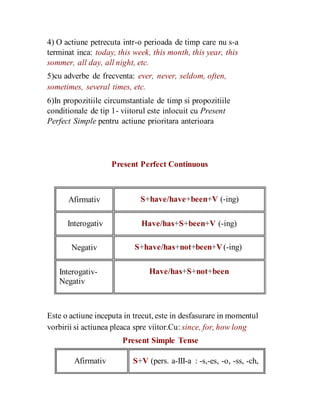 4) O actiune petrecuta intr-o perioada de timp care nu s-a
terminat inca: today, this week, this month, this year, this
sommer, all day, all night, etc.
5)cu adverbe de frecventa: ever, never, seldom, often,
sometimes, several times, etc.
6)In propozitiile circumstantiale de timp si propozitiile
conditionale de tip 1- viitorul este inlocuit cu Present
Perfect Simple pentru actiune prioritara anterioara
Present Perfect Continuous
Afirmativ
Interogativ
Negativ
Interogativ-
Negativ
S+have/have+been+V (-ing)
Have/has+S+been+V (-ing)
S+have/has+not+been+V(-ing)
Have/has+S+not+been
Este o actiune inceputa in trecut, este in desfasurare in momentul
vorbirii si actiunea pleaca spre viitor.Cu: since, for, how long
Present Simple Tense
Afirmativ S+V (pers. a-III-a : -s,-es, -o, -ss, -ch,
 