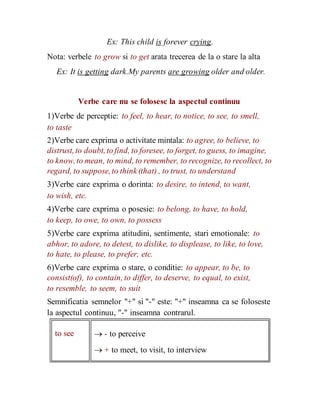 Ex: This child is forever crying.
Nota: verbele to grow si to get arata trecerea de la o stare la alta
Ex: It is getting dark.My parents are growing older and older.
Verbe care nu se folosesc la aspectul continuu
1)Verbe de perceptie: to feel, to hear, to notice, to see, to smell,
to taste
2)Verbe care exprima o activitate mintala: to agree, to believe, to
distrust,to doubt,to find, to foresee, to forget, to guess, to imagine,
to know,to mean, to mind, to remember, to recognize, to recollect, to
regard, to suppose,to think (that) , to trust, to understand
3)Verbe care exprima o dorinta: to desire, to intend, to want,
to wish, etc.
4)Verbe care exprima o posesie: to belong, to have, to hold,
to keep, to owe, to own, to possess
5)Verbe care exprima atitudini, sentimente, stari emotionale: to
abhor, to adore, to detest, to dislike, to displease, to like, to love,
to hate, to please, to prefer, etc.
6)Verbe care exprima o stare, o conditie: to appear, to be, to
consist(of), to contain, to differ, to deserve, to equal, to exist,
to resemble, to seem, to suit
Semnificatia semnelor "+" si "-" este: "+" inseamna ca se foloseste
la aspectul continuu, "-" inseamna contrarul.
to see  - to perceive
 + to meet, to visit, to interview
 