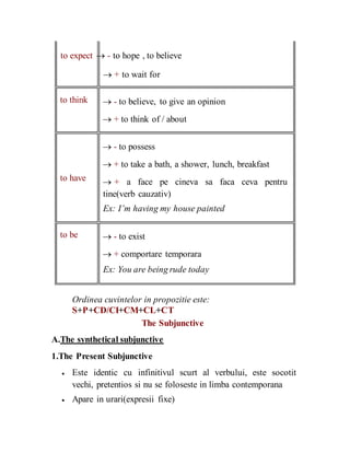 to expect  - to hope , to believe
 + to wait for
to think
to have
 - to believe, to give an opinion

 + to think of / about


 - to possess

 + to take a bath, a shower, lunch, breakfast

 + a face pe cineva sa faca ceva pentru
tine(verb cauzativ)
Ex: I’m having my house painted
to be  - to exist

 + comportare temporara

Ex: You are being rude today
Ordinea cuvintelor in propozitie este:
S+P+CD/CI+CM+CL+CT
The Subjunctive
A.The synthetical subjunctive
1.The Present Subjunctive
 Este identic cu infinitivul scurt al verbului, este socotit
vechi, pretentios si nu se foloseste in limba contemporana

 Apare in urari(expresii fixe)
 