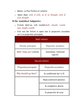  Identic cu Past Perfect-ul verbului

 Apare dupa wish, if only, as if, as thought, even if,
even thought
B.The Analythical Subjunctive
 Format dintr-un verb modal(shall, should, would,
may, mught, could)

 Este mai des folosit si apare atat in propozitia secundara
cat si in propozitia principala.
Shall+infinitiv
Prozitia principala Propozitia secundara
Shall I help you? (oferta) Amenintare (informal
english)
Should+infinitiv
Propozitia principala
Why should I go there?
Propozitia secundara
In conditional tip I si II
Dupa constructiiipotetice
In completiva directa
In propozitia de scop
 