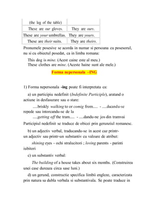 (the leg of the table)
These are our gloves. They are ours.
These are your umbrellas. They are yours.
These are their suits. They are theirs.
Pronumele posesive se acorda in numar si persoana cu posesorul,
nu si cu obiectul posedat, ca in limba romana:
This dog is mine. (Acest caine este al meu.)
These clothes are mine. (Aceste haine sunt ale mele.)
Forma nepersonala –ING
1) Forma nepersonala -ing poate fi interpretata ca:
a) un participiu nedefinit (Indefinite Participle), aratand o
actiune in desfasurare sau o stare:
.....briskly walking to or comig from..... - .....ducandu-se
repede sau intorcandu-se de la
.....getting off the tram..... - .....dandu-ne jos din tramvai
Participiul nedefinit se traduce de obicei prin gerunziul romanesc.
b) un adjectiv verbal, traducandu-se in acest caz printr-
un adjectiv sau printr-un substantiv cu valoare de atribut:
shining eyes - ochi stralucitori ; loving parents - parinti
iubitori
c) un substantiv verbal:
The building of a house takes about six months. (Construirea
unei case dureaza circa sase luni.)
d) un gerund, constructie specifica limbii engleze, caracterizata
prin natura sa dubla verbala si substantivala. Se poate traduce in
 