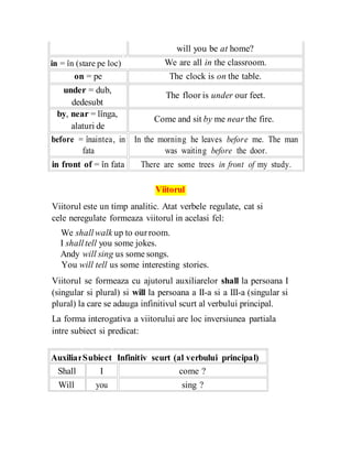 in = în (stare pe loc)
on = pe
under = dub,
dedesubt
by, near = lînga,
alaturi de
will you be at home?
We are all in the classroom.
The clock is on the table.
The floor is under our feet.
Come and sit by me near the fire.
before = înaintea, in In the morning he leaves before me. The man
fata was waiting before the door.
in front of = în fata There are some trees in front of my study.
Viitorul
Viitorul este un timp analitic. Atat verbele regulate, cat si
cele neregulate formeaza viitorul in acelasi fel:
We shallwalk up to ourroom.
I shalltell you some jokes.
Andy will sing us some songs.
You will tell us some interesting stories.
Viitorul se formeaza cu ajutorul auxiliarelor shall la persoana I
(singular si plural) si will la persoana a II-a si a III-a (singular si
plural) la care se adauga infinitivul scurt al verbului principal.
La forma interogativa a viitorului are loc inversiunea partiala
intre subiect si predicat:
AuxiliarSubiect Infinitiv scurt (al verbului principal)
Shall I come ?
Will you sing ?
 