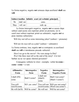 La forma negativa, negatia not urmeaza dupa auxiliarul shall sau
will:
SubiectAuxiliar Infinitiv scurt (al verbului principal)
We shall not come.
They will not walk up.
La forma interogativ-negativa, negatia not se aseaza dupa
subiect cand acesta este exprimat printr-un pronume, iar in
cazul unui subiect exprimat printr-un substantiv, negatia not se
pune inaintea subiectului:
Will they not tell us some interesting jokes? (subiect = pronume)
Will not the man tell us a joke? (subiect = substantiv)
La forma contrasa, insa, negatia not se contopeste cu auxiliarul
shall sau will si intotdeauna preceda subiectul:
Shan't we go to the movie? -Nu vom merge la film?
Won't the three men tell us the end of the story? -Cei trei
barbati nu ne vor spune sfarsitul povestirii?
Conjugarea verbului la viitor - exemplu: verbul to come -
came - come = a veni
Affirmative Interrogative Negative Interrogative-
Form Form Form Negative Form
I shall (I'll)
I shall not
Shall I not come?
Shall I come? (shan't)
come (Shan't I come?)
come
You will Will you come? You will not Will you not come?
(you'll) come (won't) come (Won't you come?)
He will (he'll) Will he come? He will not Will he not come?
 