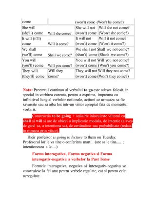 come (won't) come (Won't he come?)
She will
(she'll) come
It will (it'll)
come
Will she come?
Will it come?
She will not
(won't) come
It will not
(won't) come
Will she not come?
(Won't she come?)
Will it not come?
(Won't it come?)
We shall
(we'll) come
You will
(you'll) come
They will
(they'll) come
Shall we come?
Will you come?
Will they
come?
We shall not Shall we not come?
(shan't) come (Shan't we come?)
You will not Will you not come?
(won't) come (Won't you come?)
They will not Will they not come?
(won't) come (Won't they come?)
Nota: Prezentul continuu al verbului to go este adesea folosit, in
special in vorbirea curenta, pentru a exprima, impreuna cu
infinitivul lung al verbelor notionale, actiuni ce urmeaza sa fie
savarsite sau sa aiba loc intr-un viitor apropiat fata de momentul
vorbirii.
Constructia to be going + infinitiv inlocuieste viitorul cu
shall si will si are de obicei o implicatie modala, de intentie (a avea
de gand sa, a intentiona sa), de certitudine sau probabilitate (redata
in romana prin viitor).
Their professor is going to lecture to them on Tuesday.
Profesorul lor le va tine o conferinta marti. (are sa le tina..... ;
intentioneaza a le.....)
Forma interogativa, Forma negativa si Forma
interogativ-negativa a verbelor la Past Tense
Formele interogativa, negativa si interogativ-negativa se
construiesc la fel atat pentru verbele regulate, cat si pentru cele
neregulate.
 