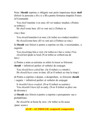 Nota: Should exprima o obligatie mai putin imperioasa decat shall
(folosit la persoana a II-a si a III-a pentru formarea timpului Future
of Command):
You shall translate it at once. (O vei traduce imediat.) (Pentru
ca trebuie.)
He shall come here. (El va veni aici.) (Trebuie sa
vina.) Insa:
You should translate it at once. (Ar trebui sa o traduci imediat.)
He should come here. (El va veni aici.) (Trebuie sa vina.)
b) Should este folosit si pentru a exprima un sfat, o recomandare, o
sugestie:
You should pay him a visit. (Ar trebui sa-i faci o vizita.) You
should not speak so loud. (N-ar trebui sa vorbesti asa de
tare.)
c) Pentru a arata ca actiunea se refera la trecut se foloseste
should + infinitivul perfect al verbului de conjugat:
You should have asked her. (Ar fi trebuit s-o intrebi.)
He should have come in time. (El ar fi trebuit sa vina la timp.)
d) Pentru a exprima o dojana, o dezaprobare, se foloseste should
+ negatie + infinitivul perfect al verbului de conjugat:
It shouldn't have creaked. (N-ar fi trebuit sa scartaie.)
You shouldn't have left so early. (N-ar fi trebuit sa pleci asa
de devreme.)
e) Should este folosit si pentru a exprima o presupunere sau o
probabilitate:
He should be at home by now. (Ar trebui sa fie acasa
/pana/ acum.)
AS IF - AS THOUGH conjunctii comparative
 