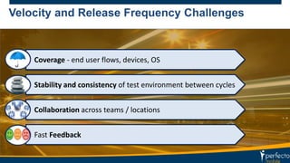 Velocity and Release Frequency Challenges 
Coverage - end user flows, devices, OS 
Stability and consistency of test environment between cycles 
Collaboration across teams / locations 
Fast Feedback 
 
