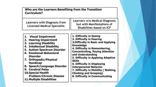 Who are the Learners Benefiting from the Transition
Curriculum?
1. Visual Impairment
2. Hearing Impairment
3. Learning Disability
4. Intellectual Disability
5. Autism Spectrum Disorder
6. Emotional-Behavioral
Disorder
7. Orthopedic/Physical
Handicap
8. Speech/Language Disorder
9. Cerebral Palsy
10.Special Health
Problem/Chronic Disease
11.Multiple Disabilities
Learners with Diagnosis from
Licensed Medical Specialist
Learners w/o Medical Diagnosis
but with Manifestations of
Disabilities based on ICF
1. Difficulty in Seeing
2. Difficulty in Hearing
3.Difficulty in Basic and Applying
Knowledge
4. Difficulty in Remembering,
Concentrating, Paying Attention
and Understanding
5. Difficulty in Applying Adaptive
Skills
6. Difficulty in Displaying
Interpersonal Behavior
7. Difficulty in Mobility ( Walking,
Climbing and Grasping)
8. Difficulty in Communicating
 