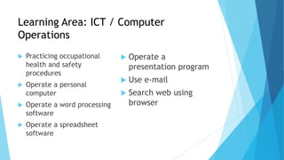 Learning Area: ICT / Computer
Operations
 Practicing occupational
health and safety
procedures
 Operate a personal
computer
 Operate a word processing
software
 Operate a spreadsheet
software
 Operate a
presentation program
 Use e-mail
 Search web using
browser
 