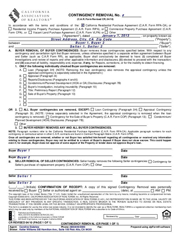 cr 1 contingency removal 1 410 car form cop