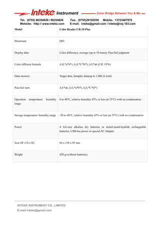 Tel：(0755) 86354829 / 86354826 Fax：(0755)29182559 Mobile：13723487970
Website：http:// www.inteke.com E-mail：inteke@gmail.com / inteke@vip.163.com
INTEKE INSTRUMENT CO., LIMITED
E-mail:inteke@gmail.com
Model Color Reader CR-10 Plus
Illuminant D65
Display data Color difference, average (up to 10 times), Pass/fail judgment
Color different formula Δ (L*a*b*), Δ (L*C*H*), Δ E*ab (CIE 1976)
Data memory Target data, Samples data(up to 1,000 in total)
Pass/fail item Δ E*ab, Δ (L*a*b*), Δ (L*C*H*)
Operation temperature/ humidity
range
0 to 40°C, relative humidity 85% or less (at 35°C) with no condensation
Storage temperature/ humidity range -20 to 40°C, relative humidity 85% or less (at 35°C) with no condensation
Power 4 AA-size alkaline dry batteries or nickel-metal-hydride rechargeable
batteries, USB bus power or special AC Adapter
Size (W x H x D) 66 x 158 x 85 mm
Weight 420 g (without batteries)
 