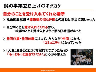NPO法人CRファクトリー 
呉の事業立ち上げのキッカケ 
自分のことを受け入れてくれた場所 
社会問題意識や価値観の似た仲間との活動は本当に楽しかった 
自分のことを受け入れてくれるから、 相手のことを受け入れようと思う好循環があった 
共同作業・共同体験によって、みんなが「仲間」になり、 「コミュニティ」になっていった 
「人生（生きること）に肯定的でなかった私」が 「もっともっと生きていたい」と心から思えた  