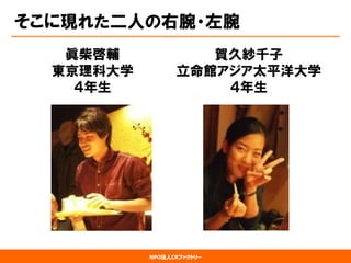 NPO法人CRファクトリー 
そこに現れた二人の右腕・左腕 
眞柴啓輔 
東京理科大学 ４年生 
賀久紗千子 
立命館アジア太平洋大学 ４年生  