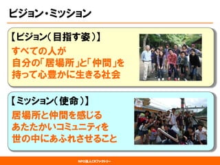 NPO法人CRファクトリー 
ビジョン・ミッション 
【ビジョン（目指す姿）】 
すべての人が 自分の「居場所」と「仲間」を 持って心豊かに生きる社会 
【ミッション（使命）】 
居場所と仲間を感じる あたたかいコミュニティを 世の中にあふれさせること  