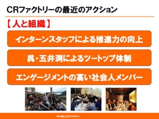 NPO法人CRファクトリー 
ＣＲファクトリーの最近のアクション 
インターンスタッフによる推進力の向上 
【人と組織】 
呉・五井渕によるツートップ体制 
エンゲージメントの高い社会人メンバー  