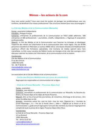Page 5 sur 12




                        Mémos – les acteurs de la com

Vous vous sentez seul(e) ? Vous avez envie de soutien, de partager vos problématiques avec vos
confrères, de bénéficier d’un réseau professionnel ? Des structures existent pour vous accompagner !

La Cité des Médias et de la Communication (Marseille)
Forme : association indépendante
Président : Philippe Français
Concerne : entreprises et professionnels de la communication en PACA (1000 adhérents : 600
entreprises et 400 professionnels – journalistes, créatifs, indépendants…). Regroupe 8 associations
professionnelles.
Objectif : la Cité des Médias et de la Communication veut favoriser les échanges et développer
l'expertise des métiers de l'information et de la communication dans notre région. Plus de 30.000
personnes travaillent en PACA dans ce secteur (INSEE 2011). Une dizaine d'écoles et d'établissements
supérieurs offrent des formations spécialisées. Une trentaine de médias opèrent dans l'aire
marseillaise. La Cité a pour vocation de fédérer toutes ces énergies et de créer des synergies entre
elles pour valoriser les métiers de l'information, de la communication et de la création.
Coordonnées
Cité des Médias et de la Communication
4 rue des Consuls
13002 Marseille
Tél. : 06 77 82 85 51
citemedia@aller-retour.org
www.citemediacom.org

Les associations de la Cité des Médias et de la Communication :
      - Cercle des Dircoms Méditerranée (en cours de constitution)
      Regroupera les responsables en communication de la région.

      - Club de la Presse Marseille – Provence Alpes Sud
      Forme : association
      Président : Jean Kéhayan
      Concerne : journalistes et professionnels de la communication sur Marseille, les Bouches-du-
      Rhône, les Hautes-Alpes et les Alpes de Haute-Provence.
      Objectif : être un lieu d’accueil des journalistes, de rencontres, d’échange et de services ; être
      acteur du débat dans la cité.
      Activités : rencontres autour du « pot du club » tous les mois. Organise les « Journées du
      Grand Reportage », le « Prix de la Parole Libre » ; édite « l’Officiel de la Presse et de la
      Communication », guide annuel regroupant l’annuaire des membres du Club et l’organigramme
      complet de toute la presse de la région Provence-Alpes-Côte d’Azur.
      Coordonnées
      Le Club de la Presse Marseille - Provence Alpes Sud
      12 rue Breteuil
      13001 Marseille
      Tél. : 04 91 55 07 59
      c-presse@wanadoo.fr
      www.club-presse-provence.com
 