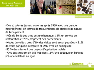 www.somme-tourisme.com Etude sur le Tourisme  De Mémoire Des structures jeunes, ouvertes après 1980 avec une grande hétérogéneité  en termes de fréquentation, de statut et de nature de l’équipement. Près de 80 % des sites ont une boutique, 15% un service de restauration et 75% proposent des évènements Modes de visite : près d’1/4 des visites sont accompagnées – 81%  de visite par guide interprète et 29% avec un audioguide 33 % des sites ont des projets d’application mobile 77% des sites ont un site web dont 13% une boutique en ligne et 6% une billeterie en ligne 