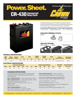 AVAILABLE TERMINAL STYLES:
Crown Battery Manufacturing’s team of research and development engineers
welcome the opportunity to discuss your technical requirements during the design
and specification stage. To access this technical assistance, please contact:
Crown Battery Manufacturing’s Product Support Department
+1.419.334.7181 | sales@crownbattery.com | Fax +1.419.334.7124
VENT CAP OPTIONS:
SPW Manifold VentSpin VentWhite – Standard
PHYSICAL SPECIFICATIONS
BCI
Group
Size
Model
Description
Nominal
Voltage
Length Width
Container
Height
Terminal
Height
Weight Cover &
Container Material
Case to Cover
Seal Method
in mm in mm in mm in mm lbs kgs
903 CR-430 6 12.38 314 7.19 183 15.29 388 16.13 410 122 55.3 Polypropylene Plastic Heat Seal
ELECTRICAL SPECIFICATIONS
Ampere Hour Capacity (Ah) Discharge Capacity Minutes KWH (kWh) Internal Resistance
100 Hr 72 Hr 48 Hr 20 Hr 10 Hr 5 Hr 2 Hr 100A 75A 50A 25A 10A 100 Hr 80°F / 27°C
525 490 460 430 355 340 256 165 240 391 904 2735 3.150 8.1mΩ
CHARGING INSTRUCTIONS:
1445 Majestic Drive | P.O. Box 990 | Fremont, OH USA | 419.334.7181 | Fax 419.334.7124 | www.crownbattery.com | Made in U.S.A.
Power.Sheet.
Crown Battery Manufacturing Company specifies the following standard
battery charge profile for the CR-430 deep cycle battery when used in an
electric vehicle service:
Phase 1: Constant Current (I1) I1 = highest amperage available < 100 amps
Phase 1: Constant Current (I1) I1 = minimum amperage available > 40 amps
Normal transition to Phase 2 at 2.37 Volts Per Cell.
Safety transition to END OF CHARGE of dV / dt <0V / 1 hr, dt = 1 hr.
(NEGATIVE SLOPE).
Timeout for Phase 1 = 10 hours.
Phase 2: Constant Voltage (U2) U2 = 2.37 VPC
Normal Transition to Phase 3 at I2 = 15.0 amps or approximate.
Safety transition to END OF CHARGE of l dI/dt l < 0.4 amp / 1 hr, dt = 1 hr.
Phase 3: Constant Current (I3) I3 = 15.0 amps or approximate
Normal transition to END OF CHARGE at 115 -118% of AH returned.
PLEASE CONTACT CROWN BATTERY MANUFACTURING COMPANY
TO ADVISE THE SPECIFIC CHARGE TERMINATION METHOD USED.
Timeout for charging phases 1 - 3 at 16 hours.
Temperature compensation coefficient = +/- 3 mV / °C.
Recommended Equalization Charge: Every seven (7) days. 4 additional hours at
normal finish rate of 15.0 amps for 4 hours.
Safety transition to END OF CHARGE at maximum voltage of 2.7 VPC.
CR-430Commercial
Deep Cycle
Standard
 
