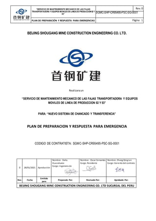 “SERVICIO DE MANTENIMIENTO MECANICO DE LAS FAJAS
TRANSPORTADORA Y EQUIPOS MOVILES DE LINEADE PRODUCCION02 Y
03”
Rev.0
SGMC-SHP-CR95495-PSC-SG-0001
PLAN DE PREPARACIÓN Y RESPUESTA PARA EMERGENCIAS Página: 1
BEIJING SHOUGANG MINE CONSTRUCTION ENGINEERING CO. LTD.
Realizaraun
“SERVICIO DE MANTENIMIENTO MECANICO DE LAS FAJAS TRANSPORTADORA Y EQUIPOS
MOVILES DE LINEA DE PRODUCCION 02 Y 03”
PARA: “NUEVO SISTEMA DE CHANCADO Y TRANSFERENCIA”
PLAN DE PREPARACION Y RESPUESTA PARA EMERGENCIA
CODIGO DE CONTRATISTA: SGMC-SHP-CR95495-PSC-SG-0001
0 28/01/2021 Aprobación
Nombre: Delia
Huacalsaico
Cargo:Ingeniera de
Seguridad
Nombre: Oscar Cervantes
Cargo:Residente
Nombre: Zhang QingJun
Cargo:Gerente del contrato
Rev. Fecha
Emitido
para
Preparado Por: Revisado Por: Aprobado Por:
BEIJING SHOUGANG MINE CONSTRUCTION ENGINEERING CO. LTD SUCURSAL DEL PERU
 