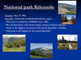 National park Krkonoše Created   :   May 17, 1963   Location  :  Liberecký and Královéhradecký region - This park is ranked by UNESCO since 1992. - We can find there a liot of the unique animal and plant species. - There is the highest mountain of the Czech Republic = Sněžka. - This park is the highest in the Czech Republic. 