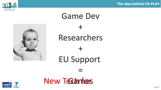 6/21
Game Dev
+
Researchers
+
EU Support
=
The idea behind CR-PLAY
New Tech forGames
 