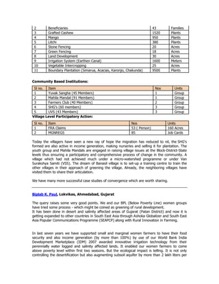 2 Beneficiaries 43 Families
3 Grafted Cashew 1520 Plants
4 Mango 950 Plants
5 Litchi 380 Plants
6 Stone Fencing 20 Acres
7 Green Fencing 18 Acres
8 Land Development 30 Acres
9 Irrigation System (Earthen Canal) 1600 Meters
10 Vegetable Intercropping 25 Acres
11 Boundary Plantation (Simarua, Acacias, Karonjo, Chakunda) 9500 Plants
Community Based Institutions:
Sl no. Item Nos Units
1 Yuvak Sangha (45 Members) 1 Group
2 Mahila Mandal (91 Members) 1 Group
3 Farmers Club (40 Members) 2 Group
4 SHG’s (60 members) 3 Group
5 UVS (43 Members) 3 Group
Village Level Participatory Action:
Sl no. Item Nos Units
1 FRA Claims 53 ( Person) 160 Acres
2 MGNREGS 85 Job Cards
Today the villagers have seen a new ray of hope the migration has reduced to nil, the SHG’s
formed are also active in income generation, making nurseries and selling it for plantation. The
youth group and Mahila Mandals are engaged in raising village issues at the Block-District-State
levels thus ensuring a participatory and comprehensive process of change in the community. A
village which had not achieved much under a micro-watershed programme or under Van
Surakshya Samiti (VSS). The dream of Banasil village is to set-up a training centre to train the
other villages in their approach of greening the village. Already, the neighboring villages have
visited them to share their articulation.
We have many more successful case studies of convergence which are worth sharing.
Biplab K. Paul, Lokvikas, Ahmedabad, Gujarat
The query raises some very good points. We and our BPL (Below Poverty Line) women groups
have tried some process - which might be coined as greening of rural development.
It has been done in desert and salinity affected areas of Gujarat (Patan District) and now it is
getting expanded to other countries in South East Asia through Ashoka Globalizer and South East
Asia Popular Communications Programme (SEAPCP) along with Rural Innovation in Farming.
In last seven years we have supported small and marginal women farmers to have their food
security and also income generation (by more than 100%) by use of our World Bank India
Development Marketplace (IDM) 2007 awarded innovative irrigation technology from their
perennially water logged and salinity affected lands. It enabled our women farmers to come
above poverty level within first two seasons. But the ecological impact is telling. It is not only
controlling the desertification but also augmenting subsoil aquifer by more than 2 lakh liters per
 