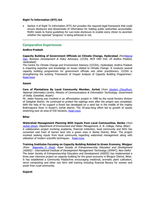 Right To Information (RTI) Act
• Section 4 of Right To Information (RTI) Act provides the required legal framework that could
ensure disclosure and disseminate of information for holding public authorities accountable.
MoRD needs to frame guidelines for suo-moto disclosure to enable every citizen to ascertain
whether the reported "progress" is being achieved or not.
Comparative Experiences
Andhra Pradesh
Capacity Building of Government Officials on Climate Change, Hyderabad (fromNeena
Rao, Business Development & Policy Advocacy, CCCEA, MCR HRD Inst. Of Andhra Pradesh,
Hyderabad)
The Centre for Climate Change and Environment Advisory (CCCEA), Hyderabad, Andhra Pradesh
is imparting expertise and knowledge on issues related to Climate Change. It conducts several
capacity building programmes for government officials and other practitioners. CCCEA is
strengthening the existing ‘Framework of Impact Analysis of Capacity Building Programmes'.
Read more
Assam
Care of Plantations By Local Community Member, Jorhat (from Gautam Choudhury,
National Informatics Centre, Ministry of Communications & Information Technology, Government
of India, Guwahati, Assam)
Mr. Jadav Payeng was involved in an afforestation project in 1980 by the social forestry division
of Golaghat district. He continued to protect the saplings even after the project was completed.
With the help of his support a forest has developed on a sand bar in the middle of the mighty
Brahmaputra River in Assam's Jorhat district. The 30-year-long effort led to growth of woods
stretching over an area of 550 hectares. Read more
Bihar
Watershed Management Planning With Inputs from Local Communities, Banka (from
Ashok Ghosh, Department of Environment and Water Management, A. N. College, Patna, Bihar)
A collaborative project involving academia, financial institution, local community and NGO has
converted vast tract of barren land into a green area in Banka District, Bihar. The project
involved seeking inputs from local community regarding watershed management along with
utilization of modern scientific techniques. Read more
Training Institutes Focusing on Capacity Building Related to Green Economy, Bhojpur
(from Nagendra P. Singh, Asian Society of Entrepreneurship Education and Development
(ASEED) - International Institute of Development Management Technology (IDMAT), New Delhi)
The Asian Society of Entrepreneurship Education and Development (ASEED) has implemented a
three year intensive project on capacity building for the green economy in Bhojpur District, Bihar.
It has established a Community Polytechnic encouraging medicinal, aromatic plant cultivation,
vermi composting and other non farm skill training including financial literacy for women and
youth from rural community.
Gujarat
 