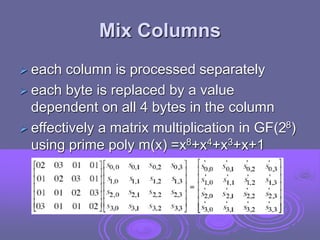 Mix Columns
 each column is processed separately
 each byte is replaced by a value
dependent on all 4 bytes in the column
 effectively a matrix multiplication in GF(28)
using prime poly m(x) =x8+x4+x3+x+1
 